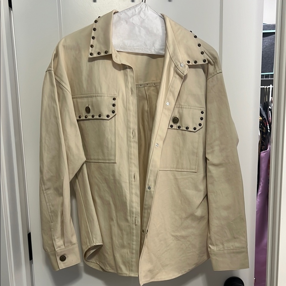 Studded Beige Button-Up Shirt